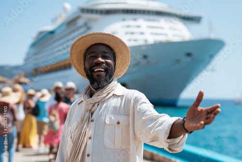 A Black Tour Guide Welcomes Cruise Ship Passengers at Coastal Destination With a Smile