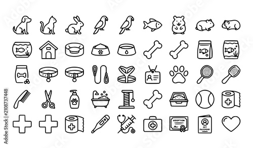 Bild auf Leinwand Editable Pet Care Line Icon Pack with Veterinary Grooming Dog Cat Rabbit Fish an