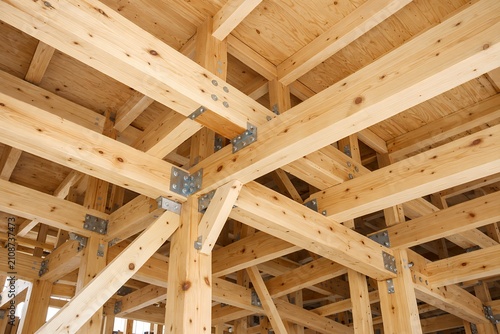 新築住宅の建設現場で見られる木造建築の美しい構造と骨組み
