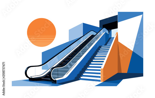 Diagonal escalator or stairway concept with orange sun and blue architectural blocks, escalator, stairs, diagonal, architecture,
