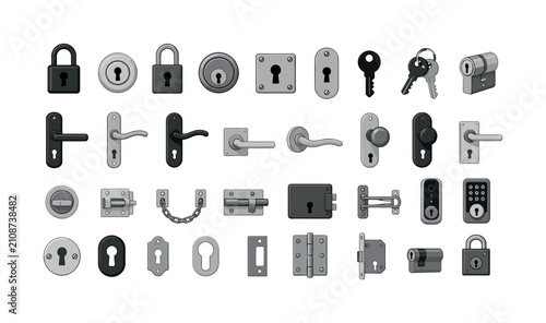 Collection of door locks, keys, handles, and security hardware icons