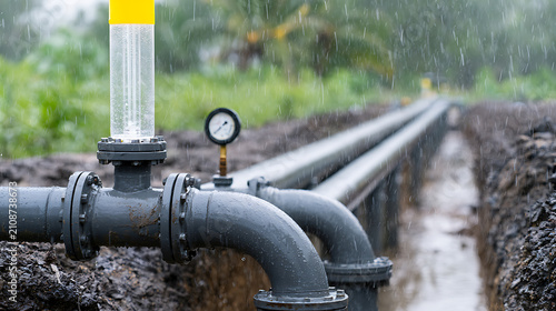Industrial pipeline system with pressure gauge and flow meter immerse in rain, depicting infrastructure development and liquid transport