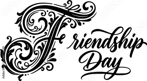 Friendship Day ornate Victorian style typography with highly decorative capital letter F featuring intricate swirls and filigree flourishes, elegant black vector calligraphy design perfect for greetin