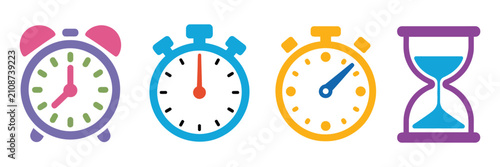 Slika na platnu Time icons with clocks hourglasses timers and countdown symbols