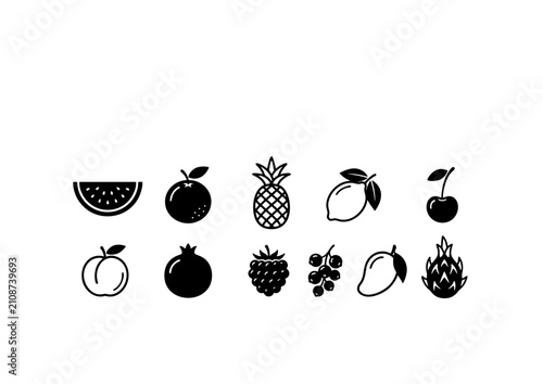 Black Fruit Icon Set Vector Isolated on White Background, Fresh Healthy Food Symbol Collection 