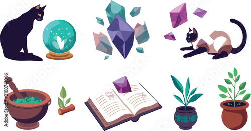 Witchcraft and Magic Wizard Cat Element Set Featuring Black and Siamese Kittens with Crystal Ball Floating Gemstones Spellbook Mortar and Pestle and Potted Plants Vector Illustration