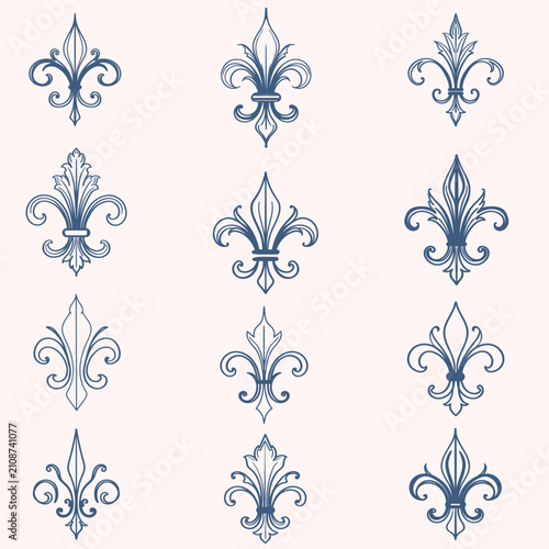 Collection of vector fleur de lis in vintage classic style French heraldry