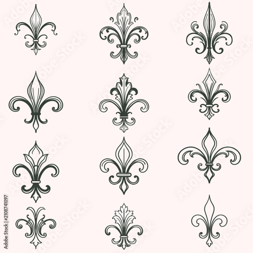 Collection of vector fleur de lis in vintage classic style heraldry design