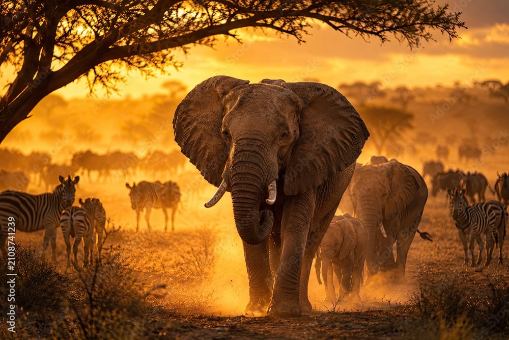 Obraz premium African elephant herd at golden sunset with zebras and wildebeest