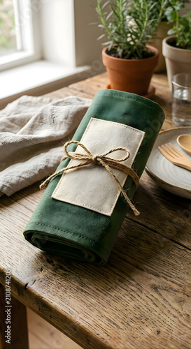 Rolled green towel on wooden table. Eco friendly spa accessory with natural linen texture.