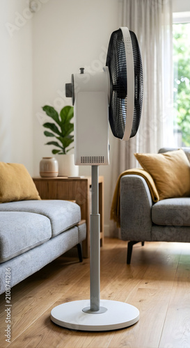Modern pedestal fan in a living room. Electric cooling appliance for home climate control.