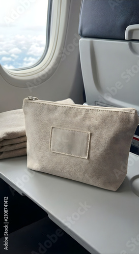 Cosmetic bag on airplane tray table. Travel toiletry pouch during a commercial flight.