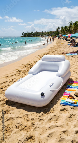 Inflatable pool float on sandy beach. White air mattress for relaxing at the seaside.