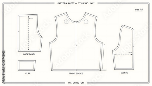 Sewing pattern sheet for a garment with bodice and sleeve pieces isolated on a transparent background