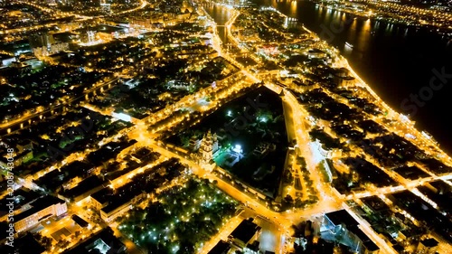 Astrakhan, Russia. View of the Astrakhan Kremlin. Night city. Drone footage