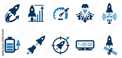 Set of blue rocket icons representing startup growth space travel technology and business project launch Minimal solid fill icon set bundle collection. Editable Vector Illustration Mega pack