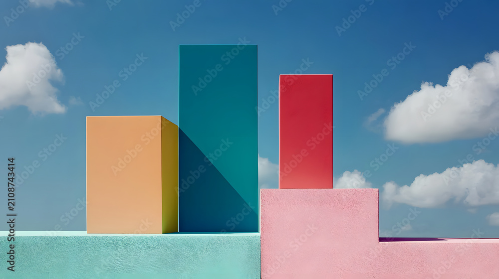 Obraz premium Minimalist Architectural Geometric Blocks with Colorful Pastels Abstract Podium Display Background under Blue Sky