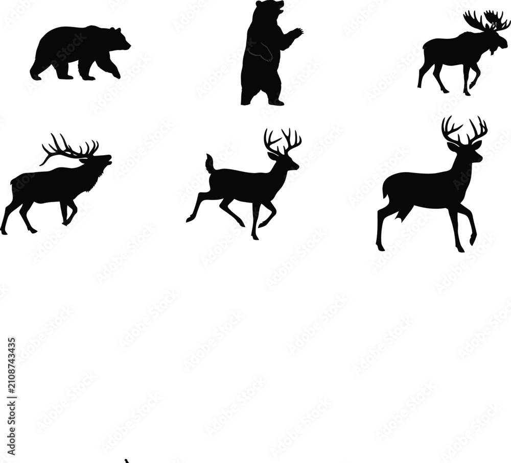 Fototapeta premium North american wildlife silhouettes bears elk and deer vector illustration for outdoor designs