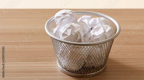 A small wire mesh waste basket filled with crumpled white paper balls on a light brown wooden desk, representing frustration, ideas, and discard