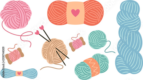 Foto Hand drawn knitting yarn balls and wool skeins vector set, colorful crochet thre