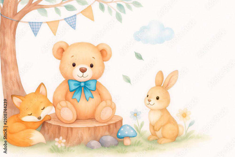 Obraz premium Cute Woodland Teddy Bear with Sleeping Fox and Bunny, Watercolor Nursery Illustration with Copy Space