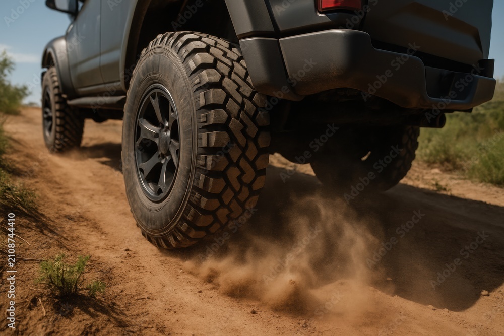 Fototapeta premium Rugged off-road vehicle wheel kicking up dust on a sunlit dirt road, conveying adventure, power, and exploration. Ideal for automotive, travel, and outdoor lifestyle concepts.