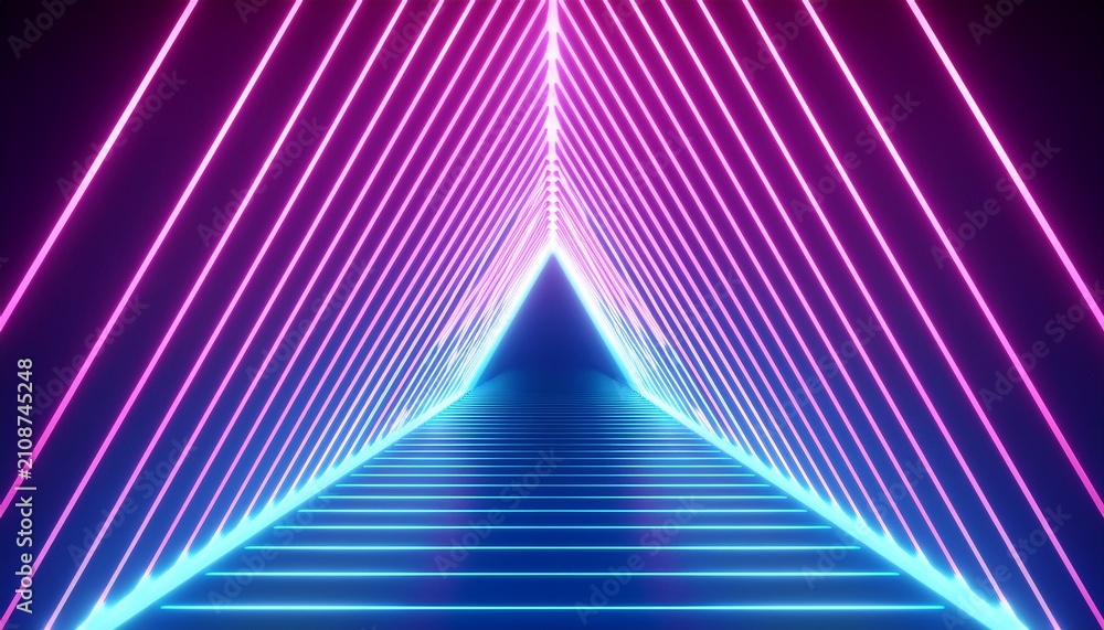 Obraz premium abstract neon geometric tunnel with glowing blue and pink triangular shapes forming a futuristic 3d corridor digital art concept for tech presentations music festival visuals or modern architecture