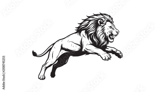 Leaping Lion Attack Black and White Vector Illustration
