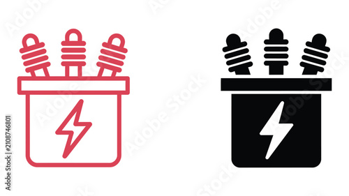 Electrical power transformer icon featuring black flat vector symbol for utility distribution networks, energy grid systems, and engineering design.
