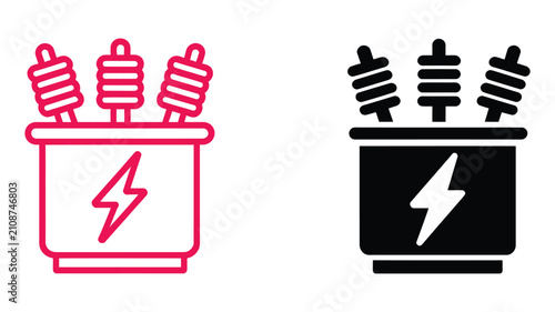 Electrical power transformer icon featuring black flat vector symbol for utility distribution networks, energy grid systems, and engineering design.