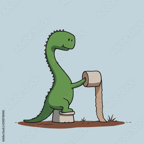 Schilderij op canvas A whimsical cartoon depicts a green dinosaur experiencing a moment of relief