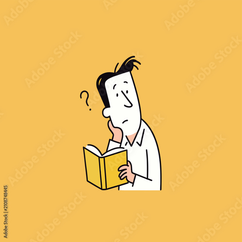 Canvastavla A cartoon man engrossed in a book, lost in deep contemplation.
