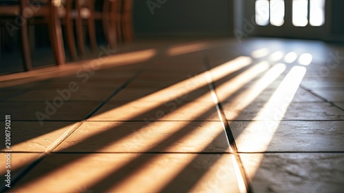 Warm sunlight streams through blinds, casting striped shadows across a tiled floor