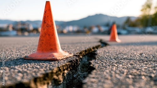 Orange cones mark a large crack in asphalt under a warm, hazy sky
