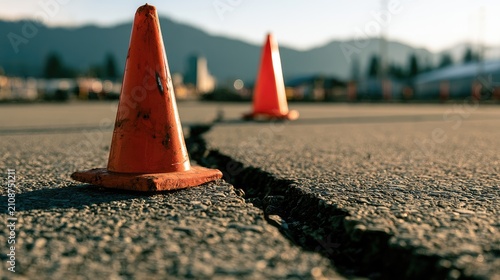 Orange cones mark a deep crack in asphalt, with blurred mountains beyond