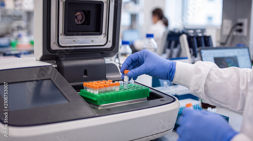 Macro Cinematic Photograph of Gloved Scientist Placing PCR Sample Tubes into Real-Time Thermal Cycler with Blurred Lab Equipment
