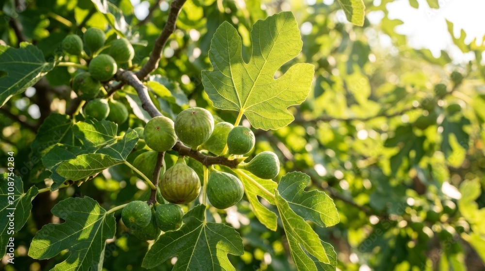 Fototapeta premium Ripe figs and lush green leaves on a fig tree branch in bright sunlight with bokeh background