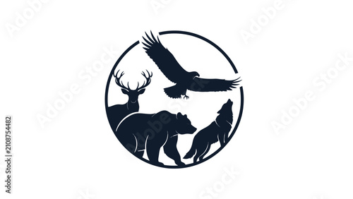 Photography A circular emblem featuring silhouettes of various wild animals including a bear, wolf, deer, and eagle in flight, representing nature and wildlife conservation