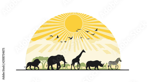 Canvas Print Silhouette of African safari animals including a lion, elephant, giraffe, rhinoceros, and zebra against a vibrant sunburst background