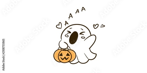 Fotografie Cute little ghost shouting with Halloween pumpkin and hearts doodle style