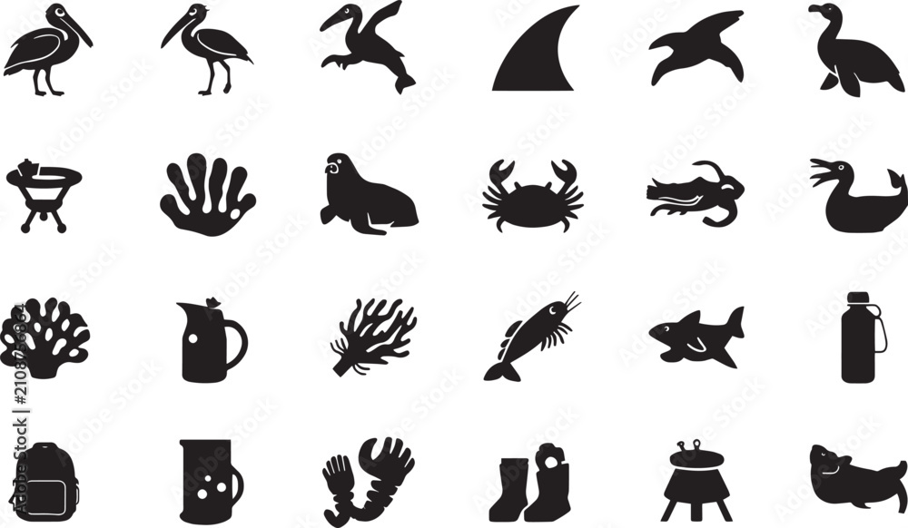 Fototapeta premium Marine life and coastal wildlife solid icon set with pelican, shark fin, seal, crab, coral reef, sea monster, boots, and thermos
