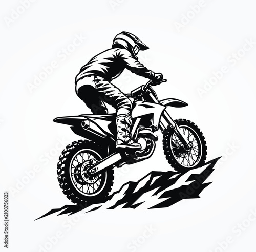 Motocross Dirt Bike Rider Climbing Rocky Trail Black and White Vector for Off Road Racing Sports Design