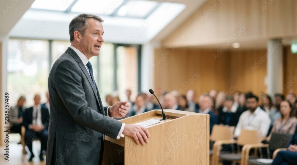Fototapeta premium Professional CEO addresses employees from a bright, modern auditorium podium, conveying leadership and corporate communication.