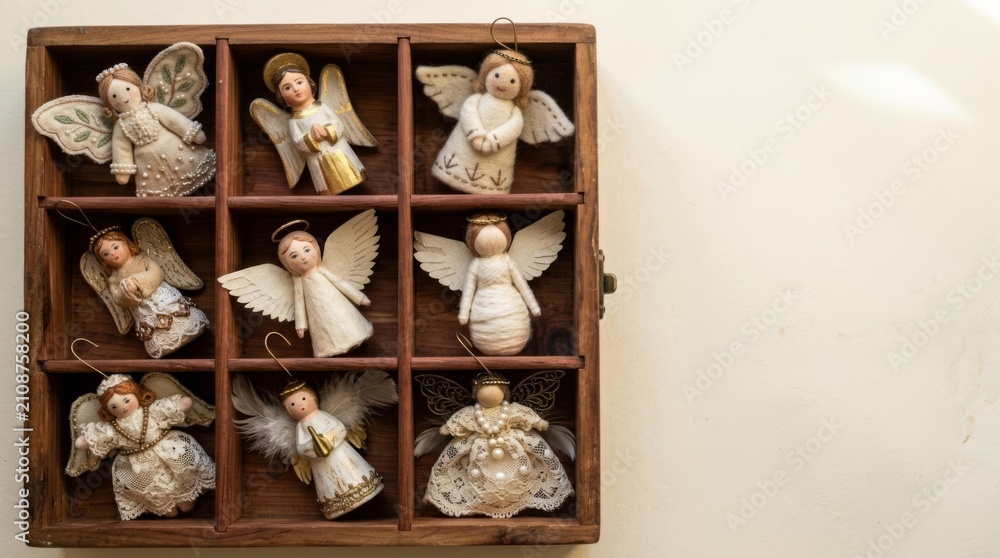 Fototapeta premium Collection of nine handmade angel Christmas ornaments displayed in a wooden box, overhead view, ready for seasonal decor marketing