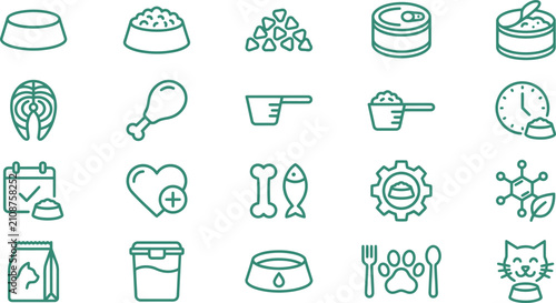 Cat food and pet care icons. Vector set of feline nutrition, feeding supplies and diet.