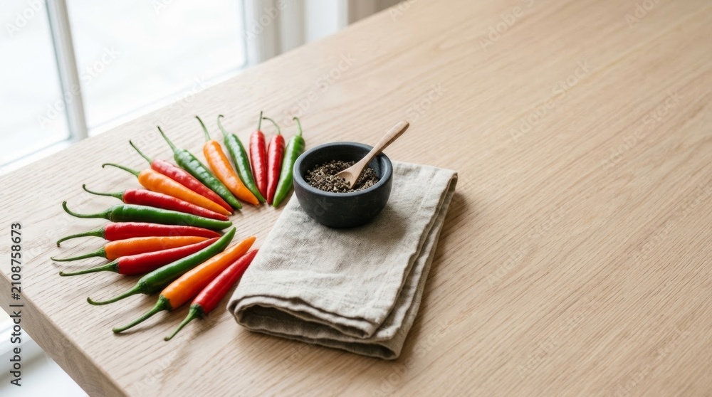 Fototapeta premium Fresh chili peppers arranged in a fan pattern on a light oak table with a mortar of spices and linen napkin, modern food advertising concept with ample copy space