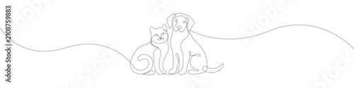 Continuous line art drawing of a cute domestic cat and a friendly dog sitting together side by side on a clean white background illustrating pet friendship