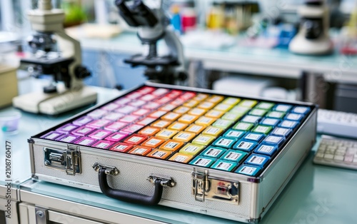 Colorful Laboratory Specimens Organized in a Metal Case
