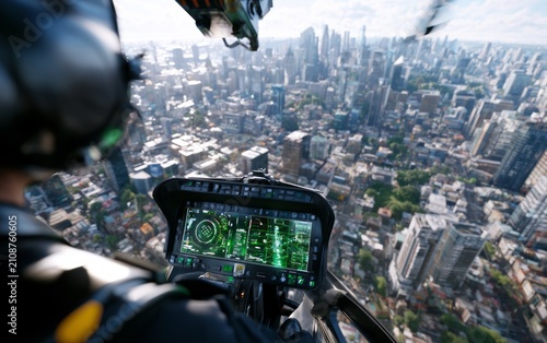View from Cockpit of Rescue Helicopter Over Urban City Landscape