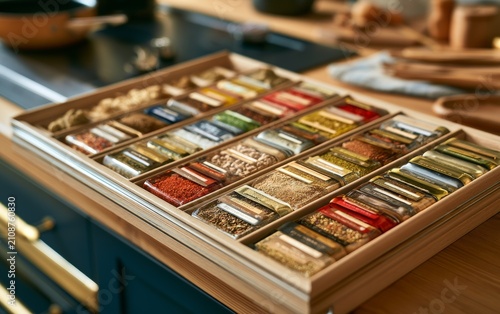 Organized Spice Storage Drawer with Labeled Containers in Kitchen